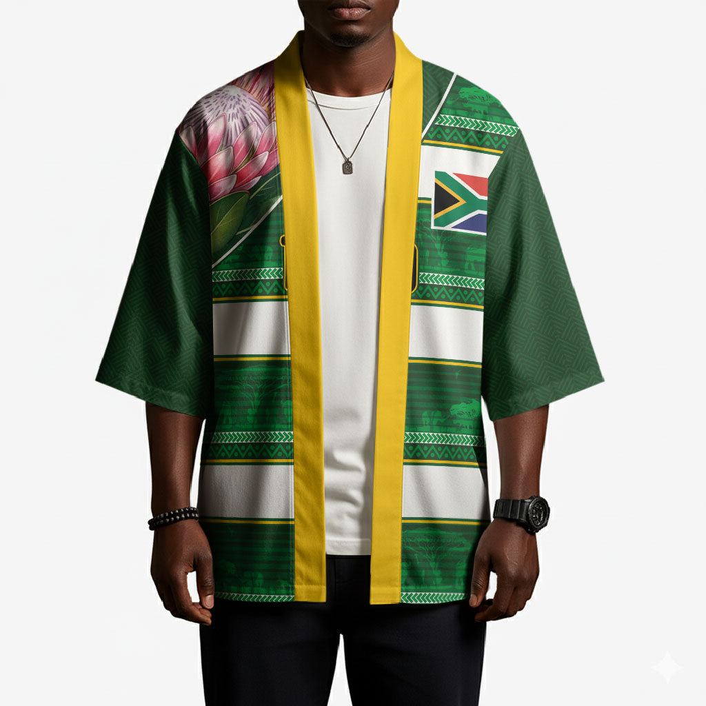 Custom South Africa Football Kimono King Protea with African Heritage Stripes Style