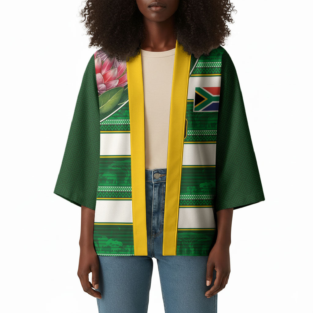 Custom South Africa Football Kimono King Protea with African Heritage Stripes Style