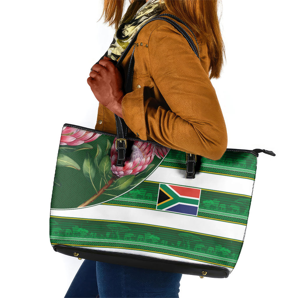 South Africa Football Leather Tote Bag King Protea with African Heritage Stripes Style