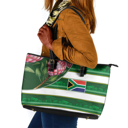 South Africa Football Leather Tote Bag King Protea with African Heritage Stripes Style