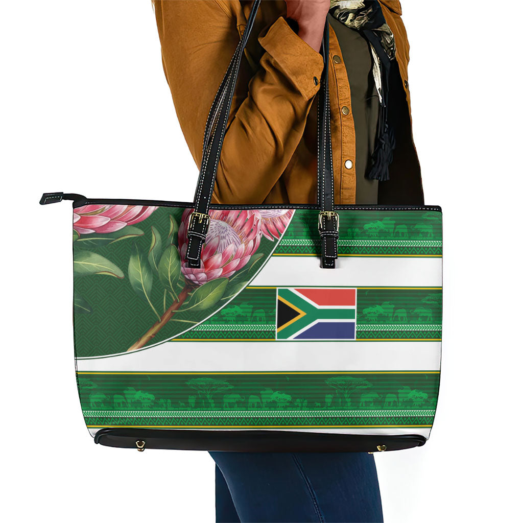South Africa Football Leather Tote Bag King Protea with African Heritage Stripes Style