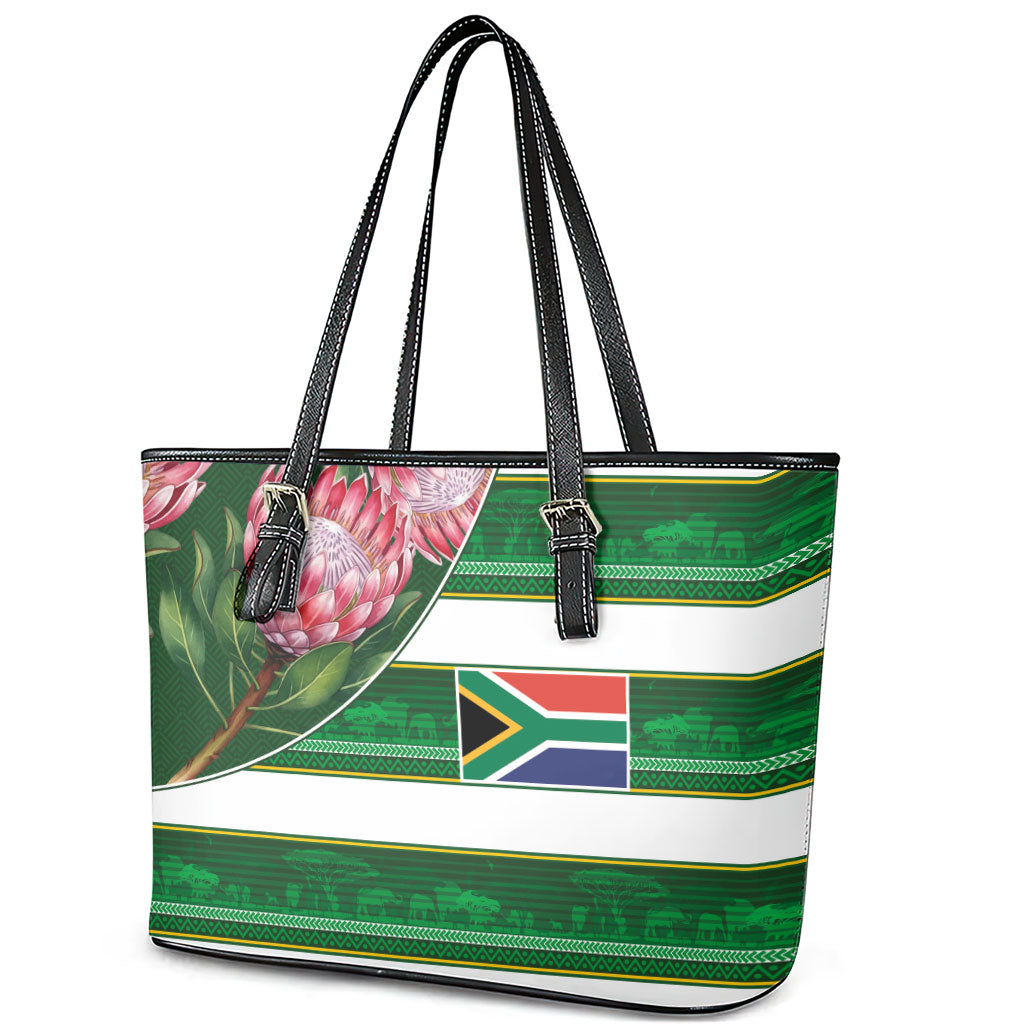 South Africa Football Leather Tote Bag King Protea with African Heritage Stripes Style