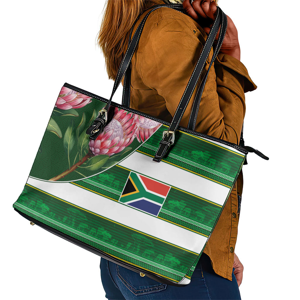 South Africa Football Leather Tote Bag King Protea with African Heritage Stripes Style