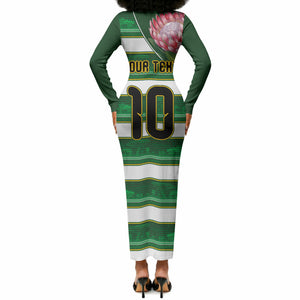Custom South Africa Football Long Sleeve Bodycon Dress King Protea with African Heritage Stripes Style