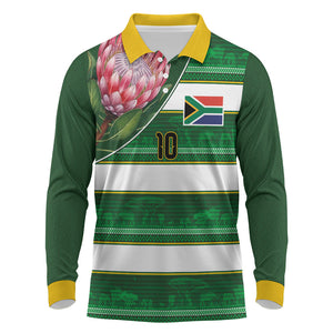 Custom South Africa Football Long Sleeve Polo Shirt King Protea with African Heritage Stripes Style