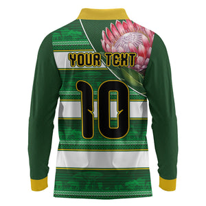 Custom South Africa Football Long Sleeve Polo Shirt King Protea with African Heritage Stripes Style