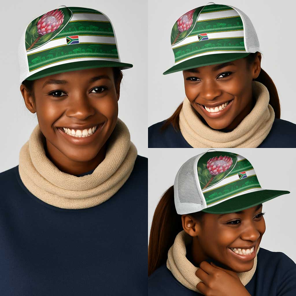 South Africa Football Mesh Trucker Cap King Protea with African Heritage Stripes Style