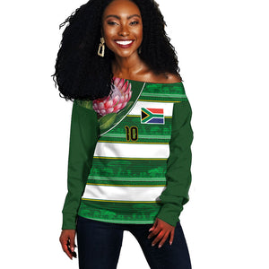 Custom South Africa Football Off Shoulder Sweater King Protea with African Heritage Stripes Style