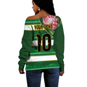 Custom South Africa Football Off Shoulder Sweater King Protea with African Heritage Stripes Style