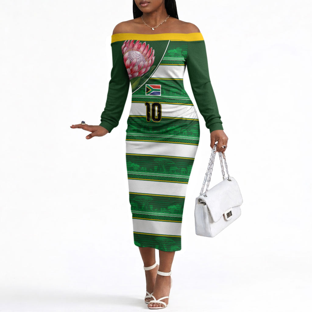 Custom South Africa Football Off The Shoulder Long Sleeve Dress King Protea with African Heritage Stripes Style