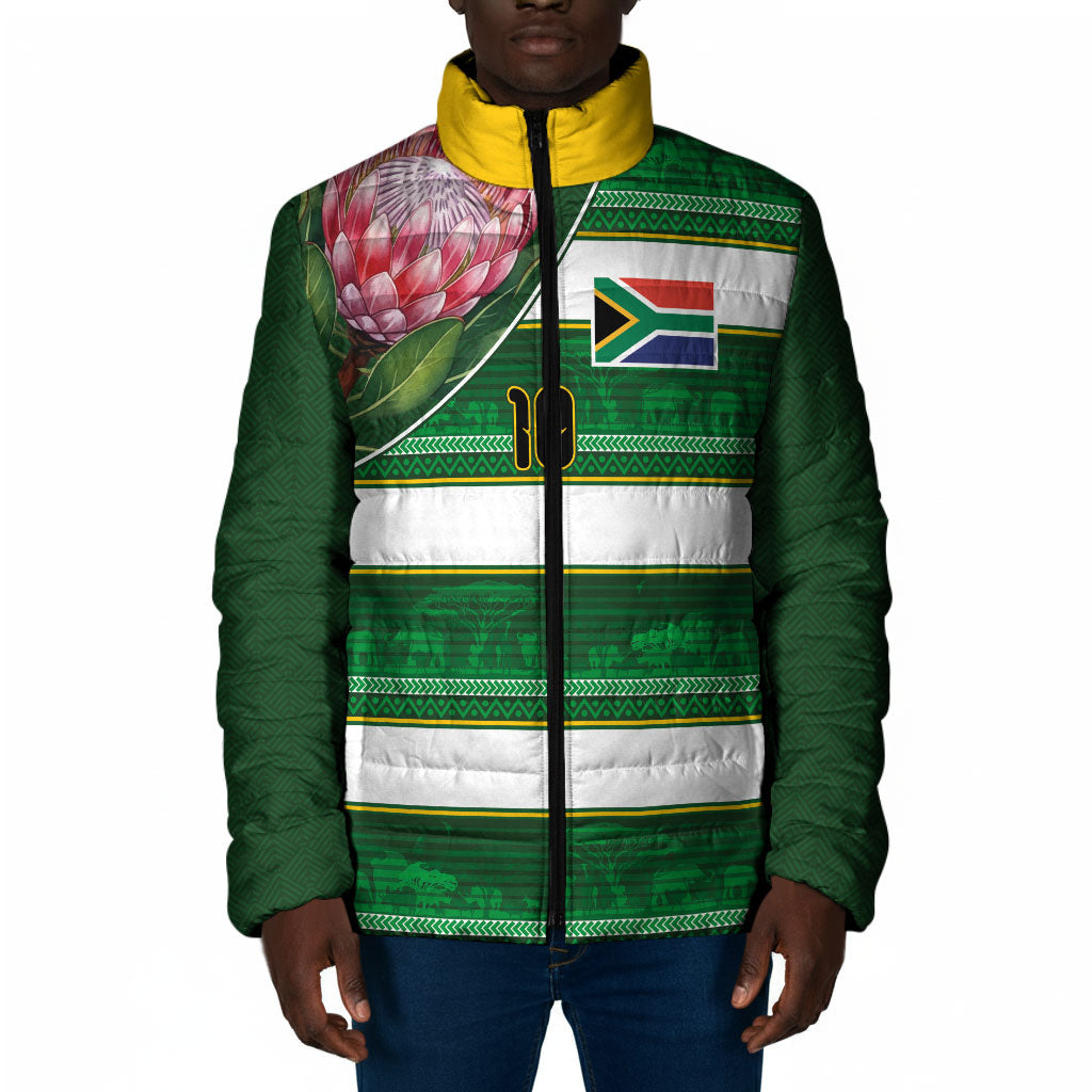 Custom South Africa Football Padded Jacket King Protea with African Heritage Stripes Style