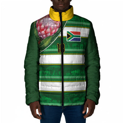 Custom South Africa Football Padded Jacket King Protea with African Heritage Stripes Style