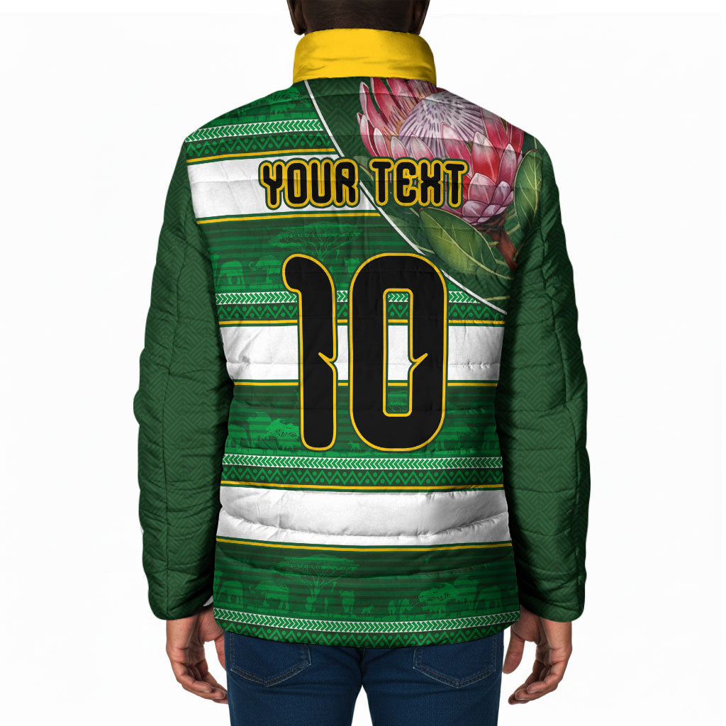 Custom South Africa Football Padded Jacket King Protea with African Heritage Stripes Style