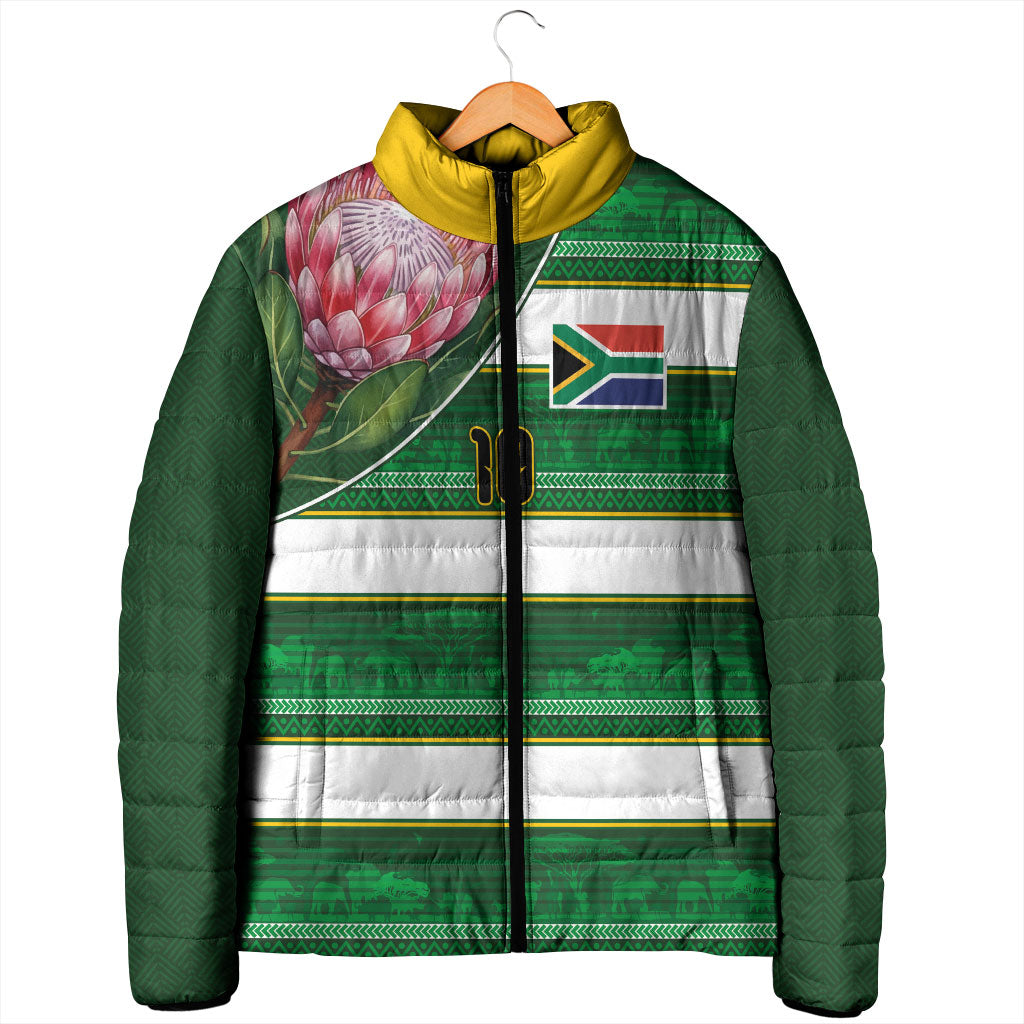 Custom South Africa Football Padded Jacket King Protea with African Heritage Stripes Style