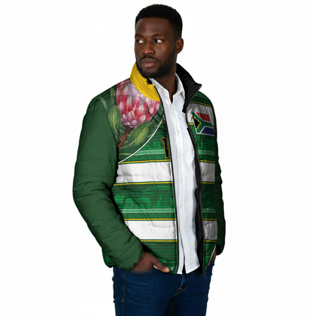 Custom South Africa Football Padded Jacket King Protea with African Heritage Stripes Style