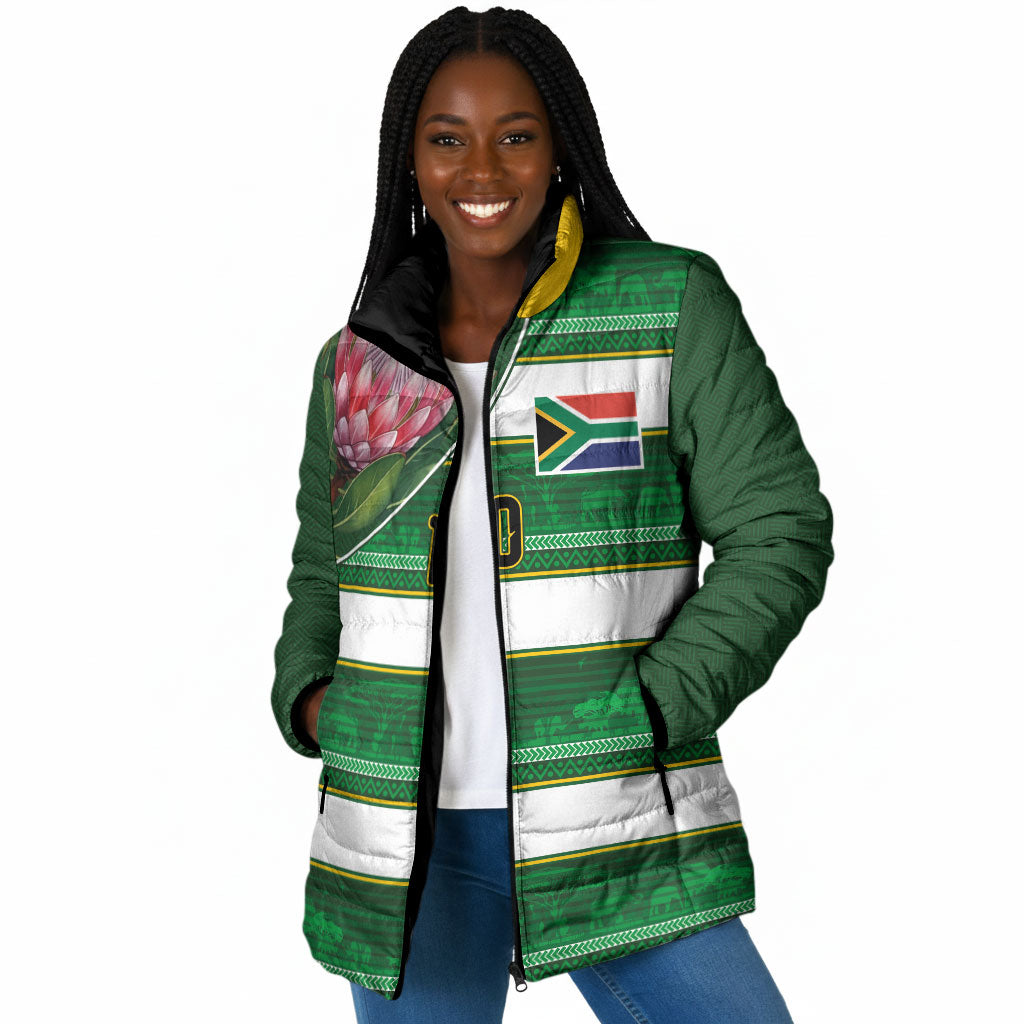Custom South Africa Football Padded Jacket King Protea with African Heritage Stripes Style