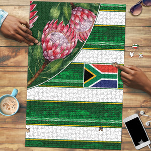 South Africa Football Puzzle King Protea with African Heritage Stripes Style