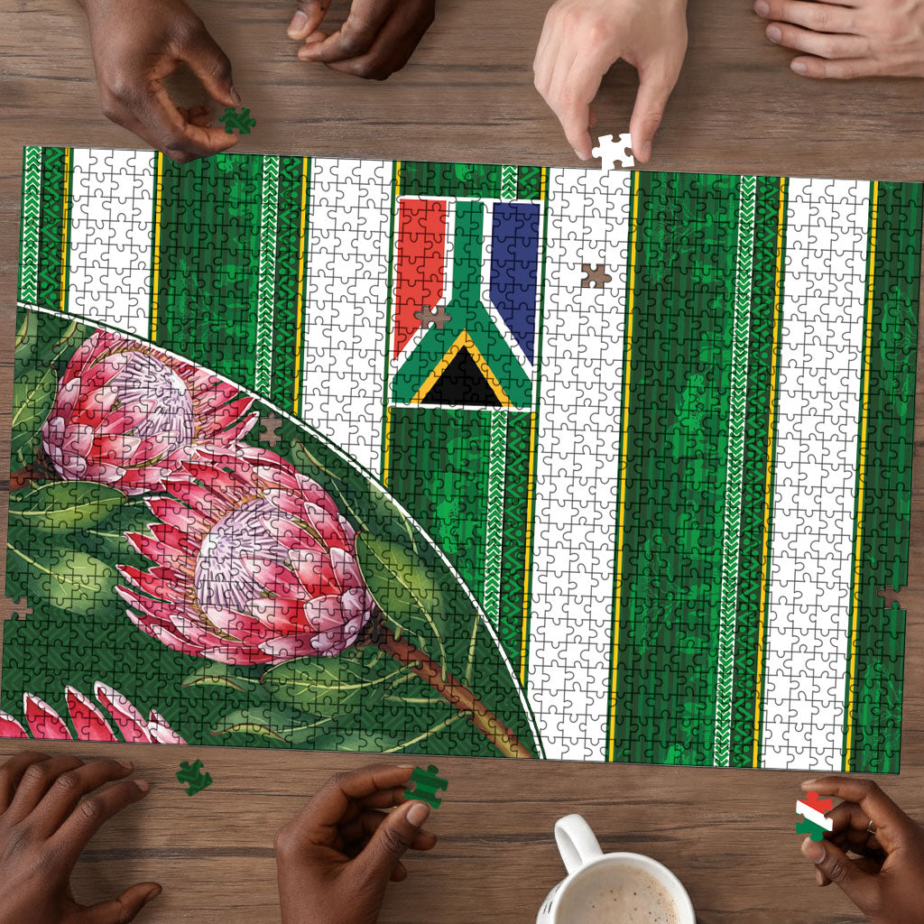 South Africa Football Puzzle King Protea with African Heritage Stripes Style