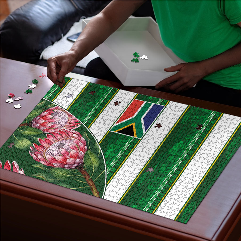 South Africa Football Puzzle King Protea with African Heritage Stripes Style