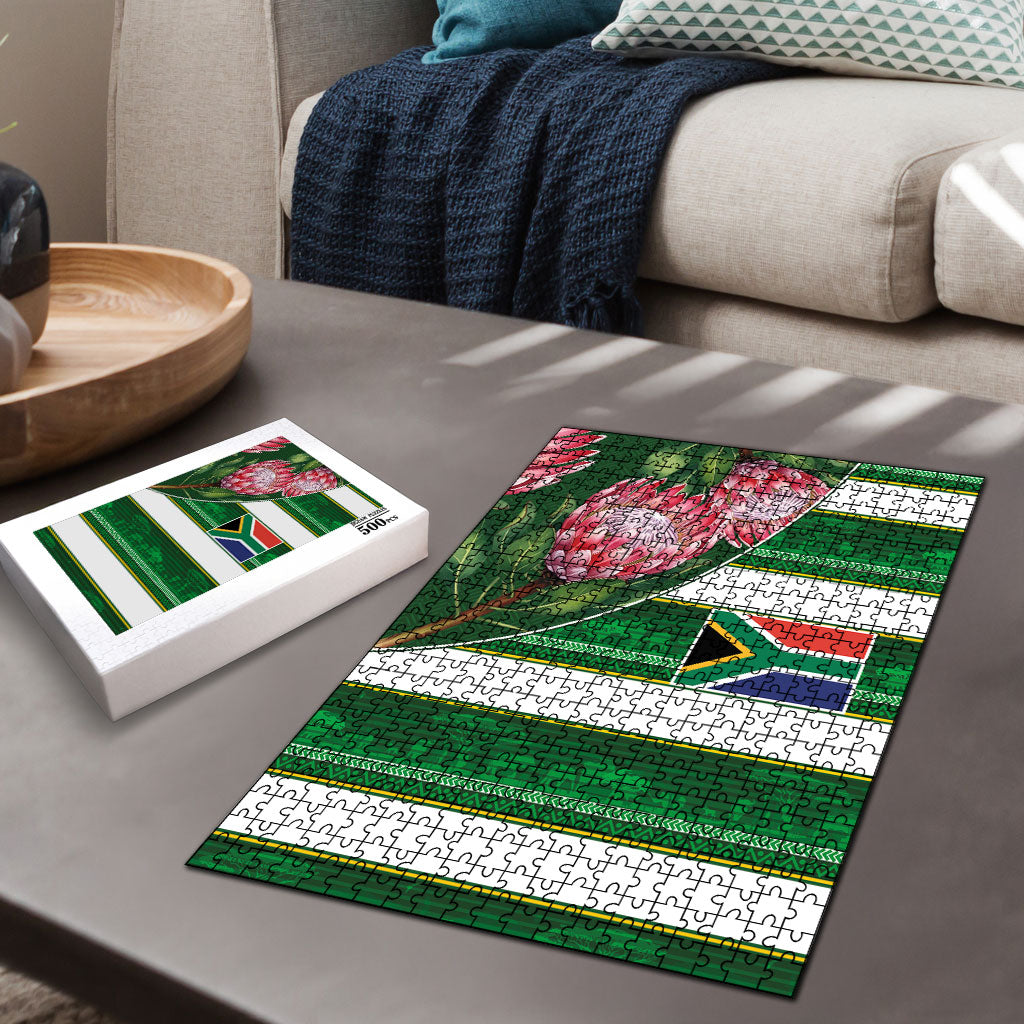 South Africa Football Puzzle King Protea with African Heritage Stripes Style