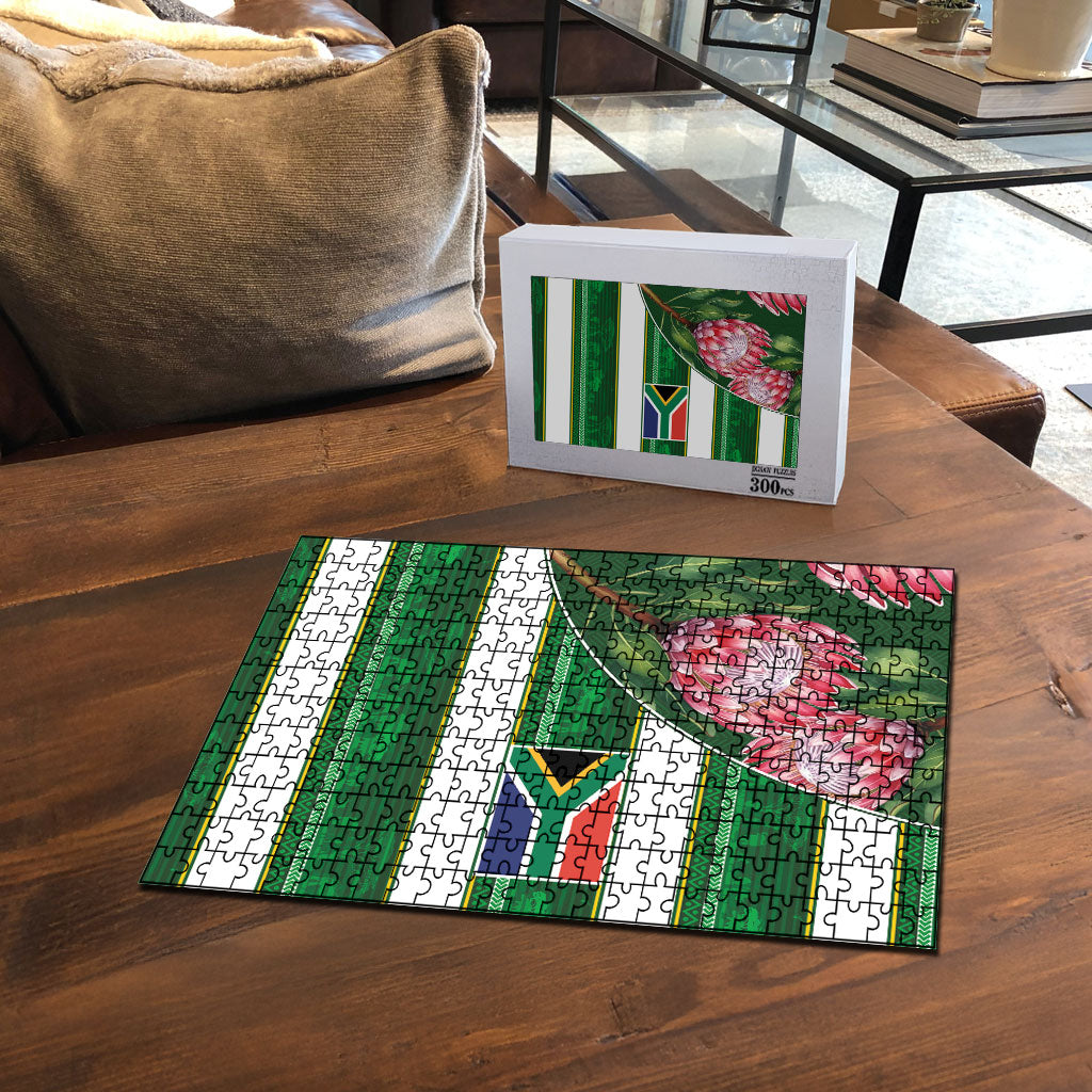 South Africa Football Puzzle King Protea with African Heritage Stripes Style