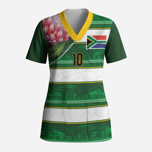 Custom South Africa Football Scrub Top King Protea with African Heritage Stripes Style