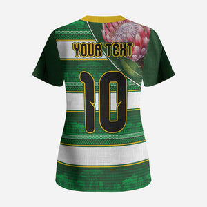 Custom South Africa Football Scrub Top King Protea with African Heritage Stripes Style