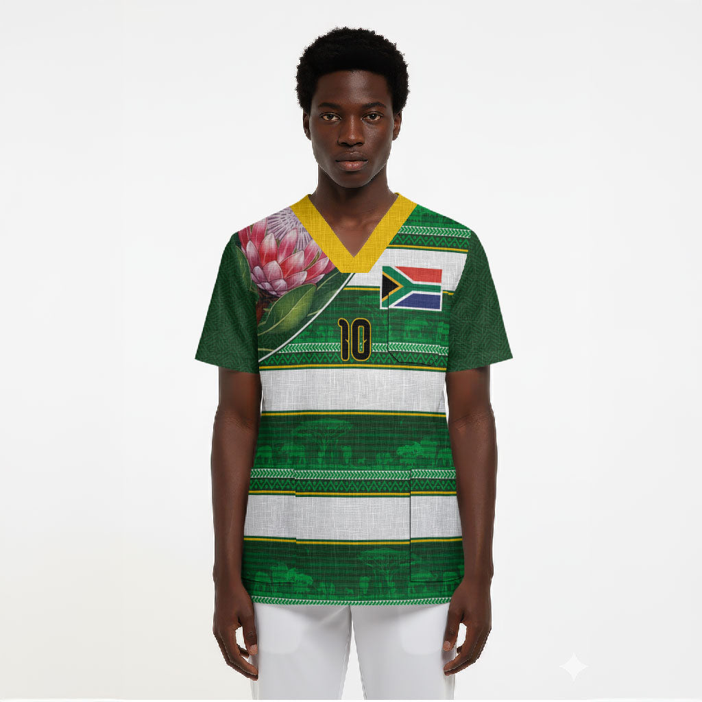 Custom South Africa Football Scrub Top King Protea with African Heritage Stripes Style