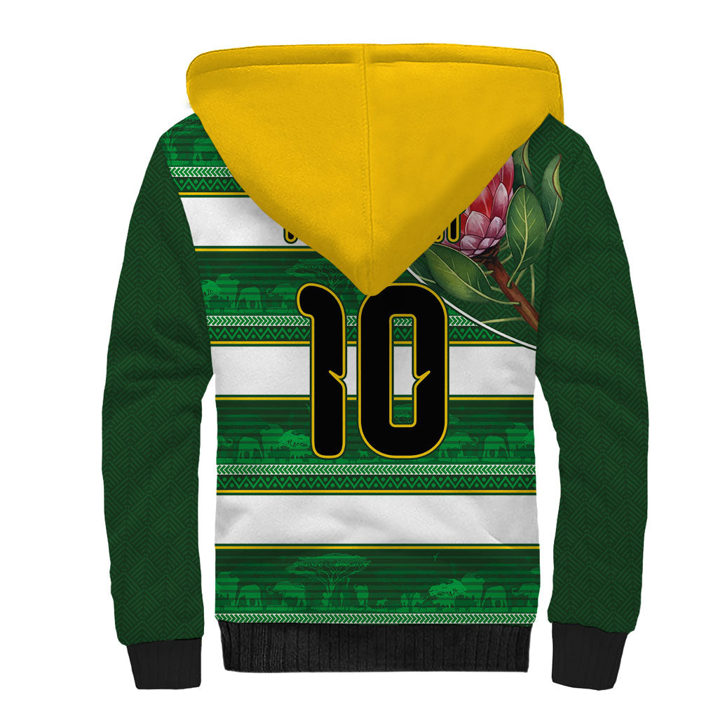 Custom South Africa Football Sherpa Hoodie King Protea with African Heritage Stripes Style