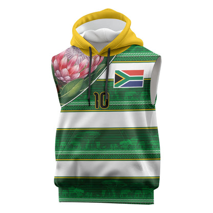 Custom South Africa Football Sleeveless Hoodie King Protea with African Heritage Stripes Style