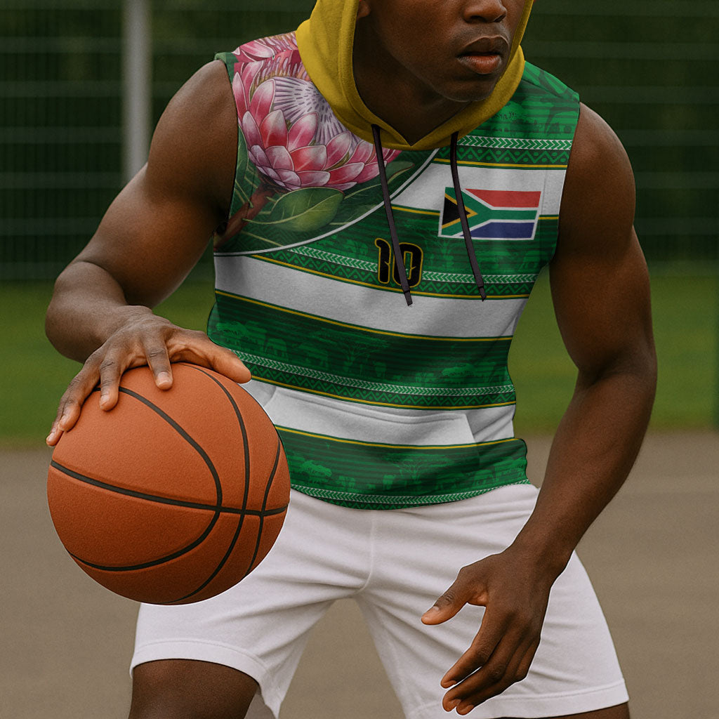 Custom South Africa Football Sleeveless Hoodie King Protea with African Heritage Stripes Style