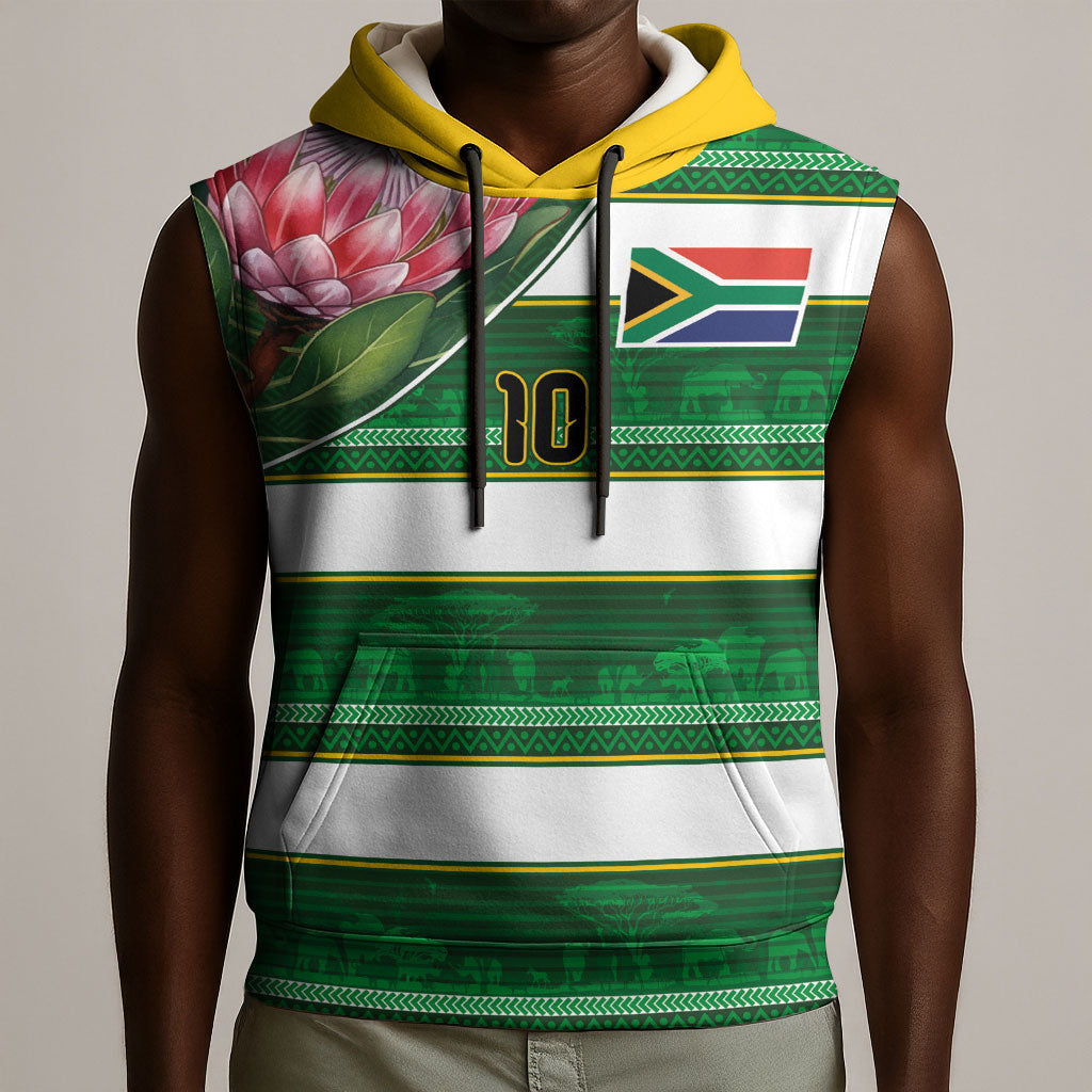 Custom South Africa Football Sleeveless Hoodie King Protea with African Heritage Stripes Style