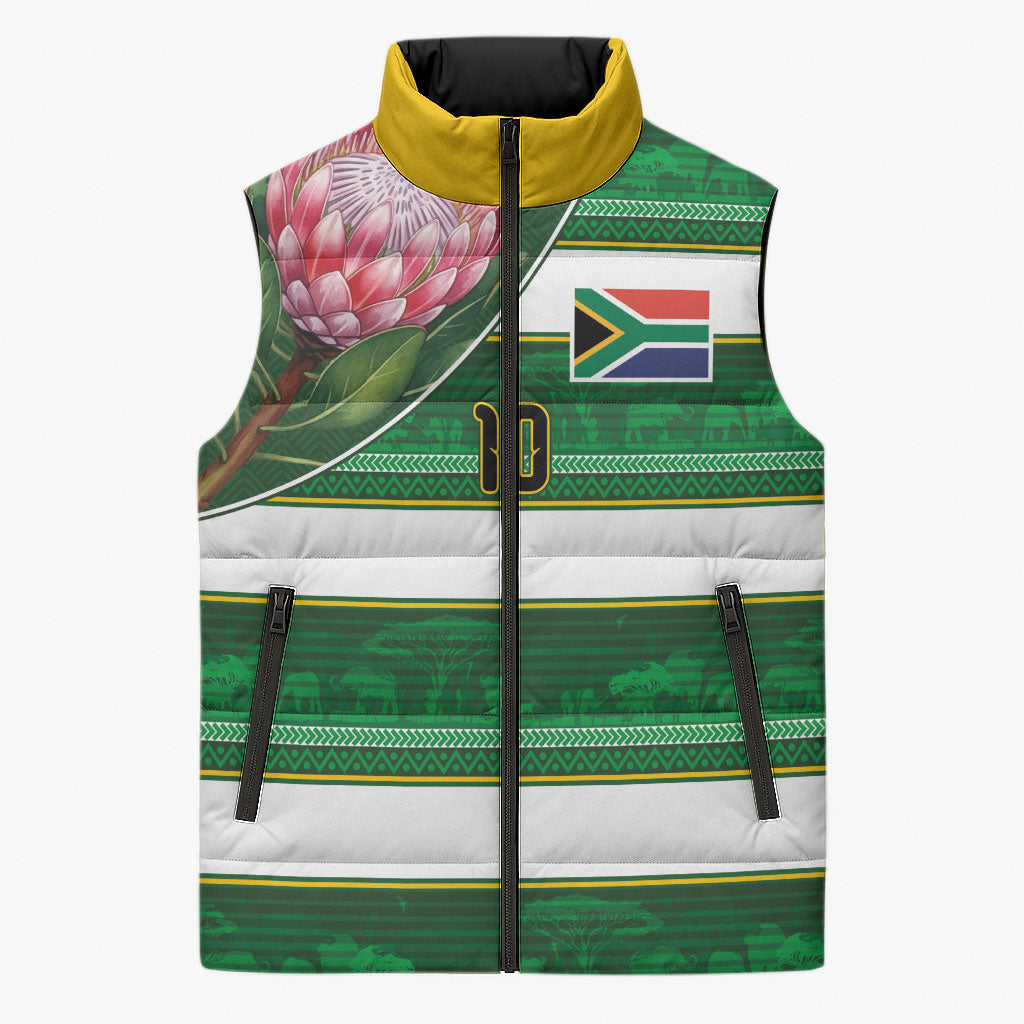Custom South Africa Football Sleeveless Puffer Jacket King Protea with African Heritage Stripes Style