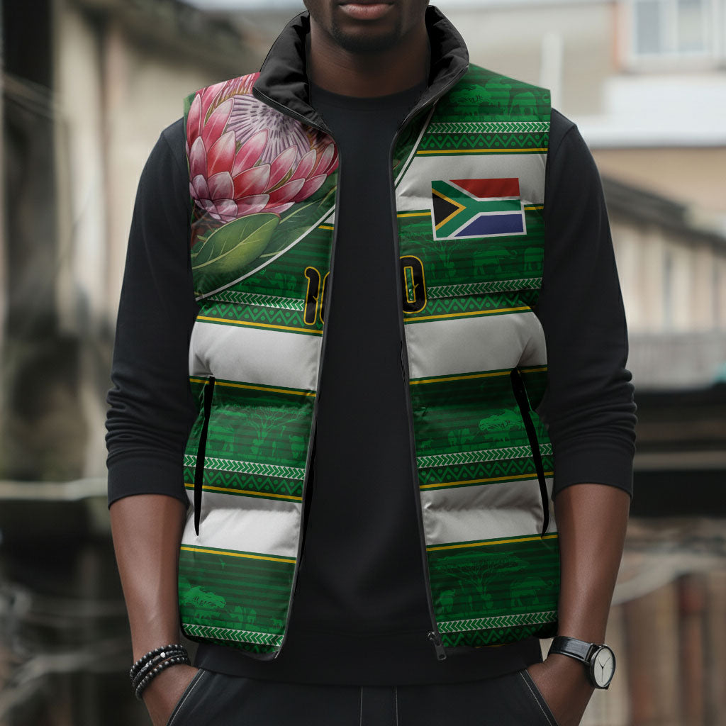Custom South Africa Football Sleeveless Puffer Jacket King Protea with African Heritage Stripes Style