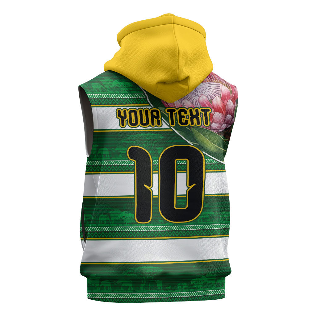 Custom South Africa Football Sleeveless Zip Hoodie King Protea with African Heritage Stripes Style