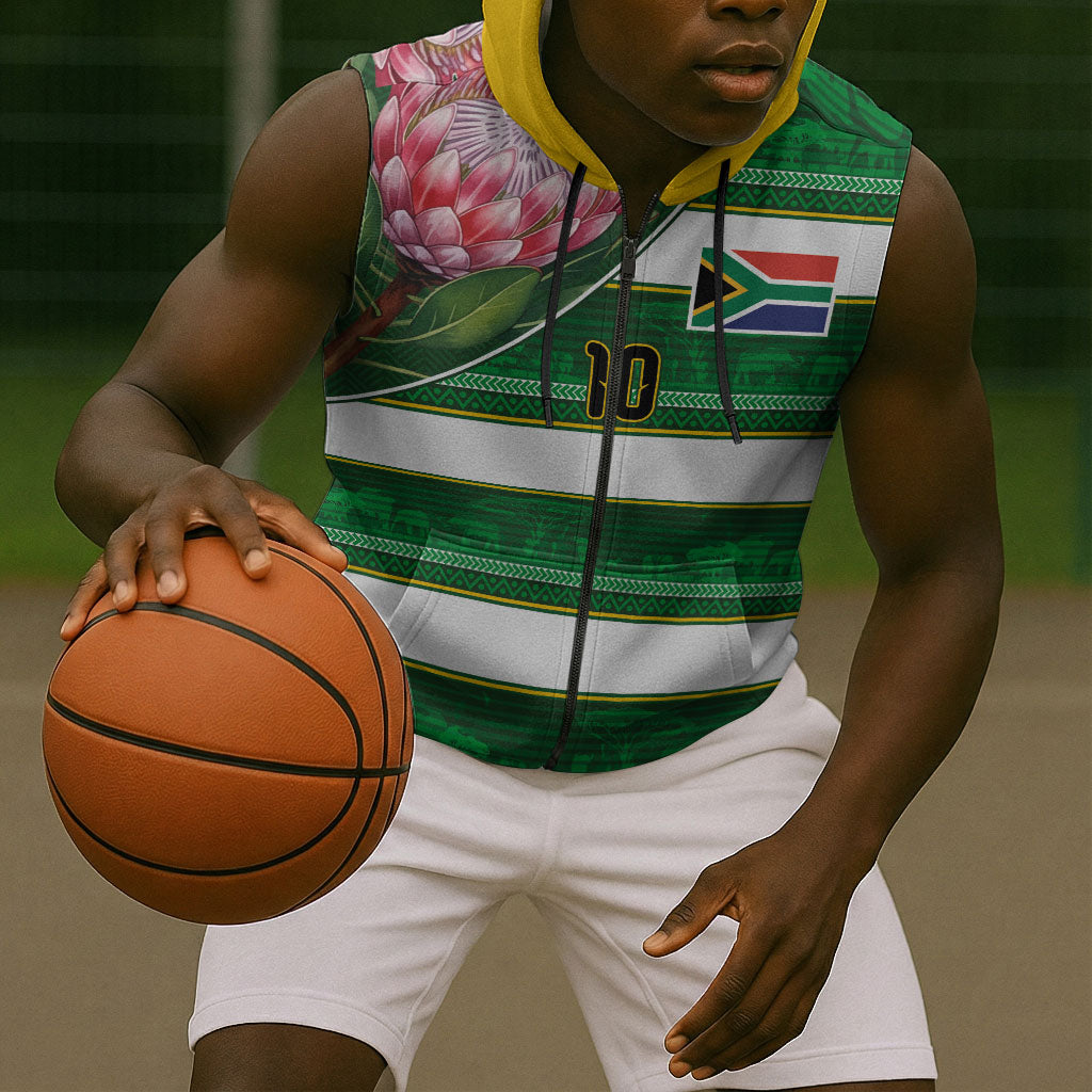 Custom South Africa Football Sleeveless Zip Hoodie King Protea with African Heritage Stripes Style