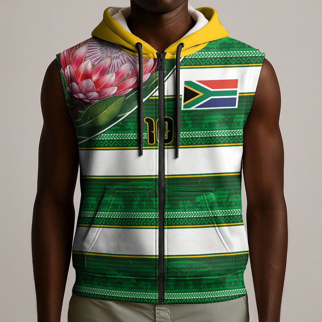Custom South Africa Football Sleeveless Zip Hoodie King Protea with African Heritage Stripes Style