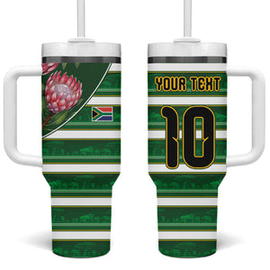 Custom South Africa Football Tumbler With Handle King Protea with African Heritage Stripes Style