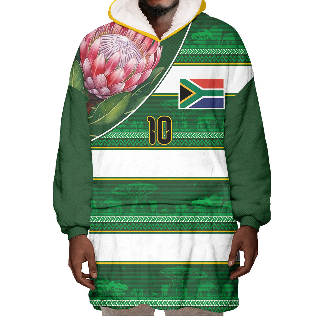 Custom South Africa Football Wearable Blanket Hoodie King Protea with African Heritage Stripes Style