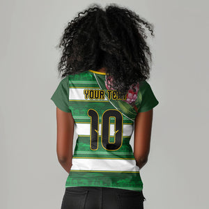 Custom South Africa Football Women V-Neck T-Shirt King Protea with African Heritage Stripes Style