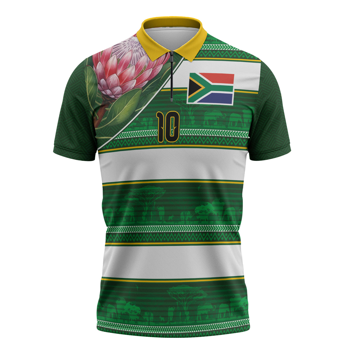 Custom South Africa Football Zipper Polo Shirt King Protea with African Heritage Stripes Style
