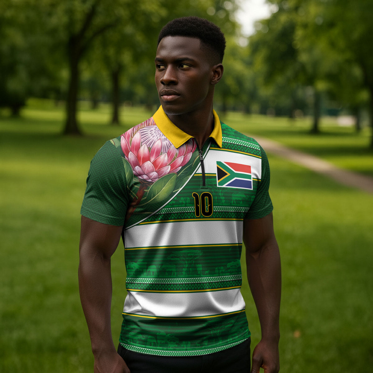 Custom South Africa Football Zipper Polo Shirt King Protea with African Heritage Stripes Style