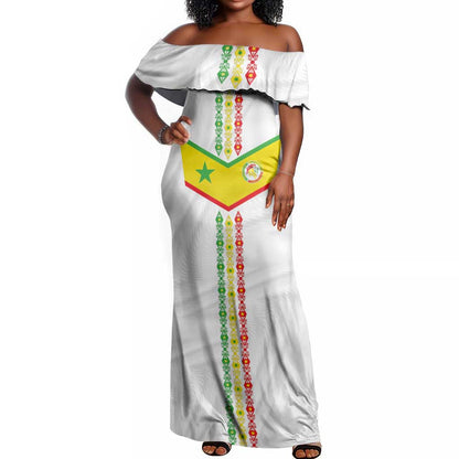 Custom Senegal Football Off Shoulder Maxi Dress Tricolor African Stripes Motif Sporty Style - African Pride