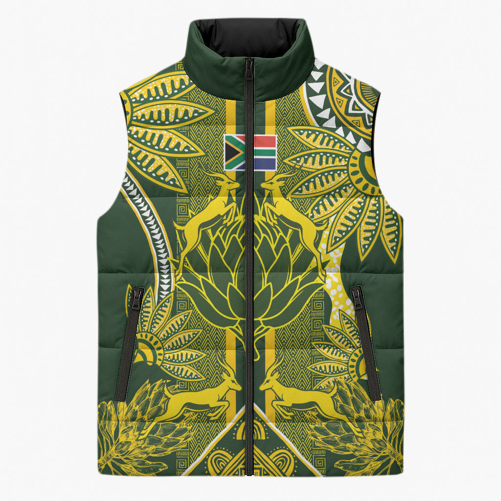 South Africa Rugby Custom Sleeveless Puffer Jacket Springbok with King Protea Inspired by African Heritage