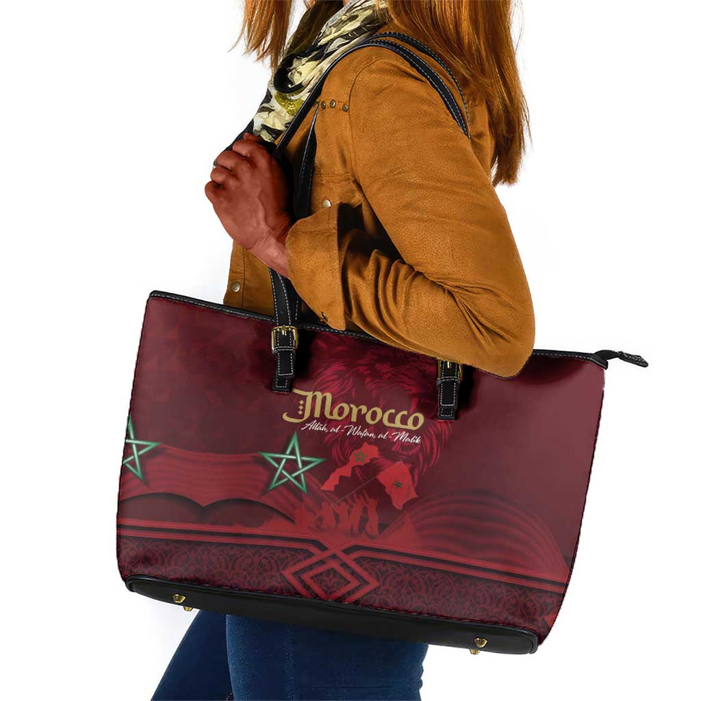 Happy Proclamation of Independence of Morocco Leather Tote Bag Barbary Lion's Roar - Fight for Free and Peace