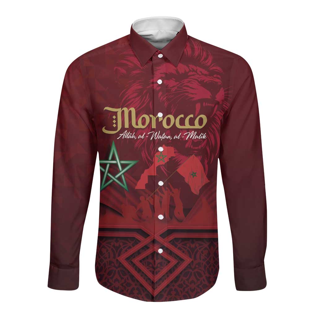 Happy Proclamation of Independence of Morocco Long Sleeve Button Shirt Barbary Lion's Roar - Fight for Free and Peace