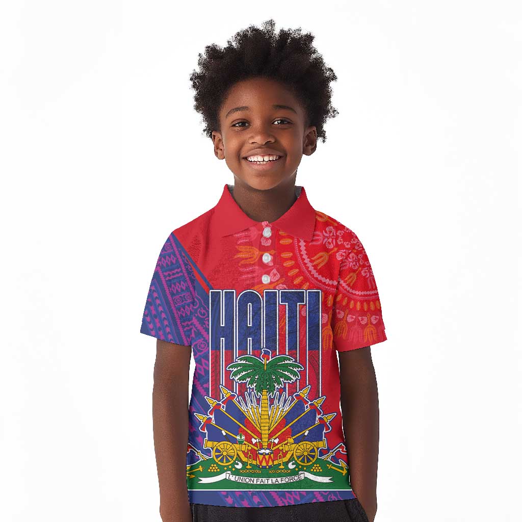 Haiti National Emblem Kid Polo Shirt Dashiki and Polynesian Pattern
