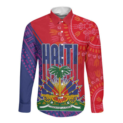 Haiti National Emblem Long Sleeve Button Shirt Dashiki and Polynesian Pattern