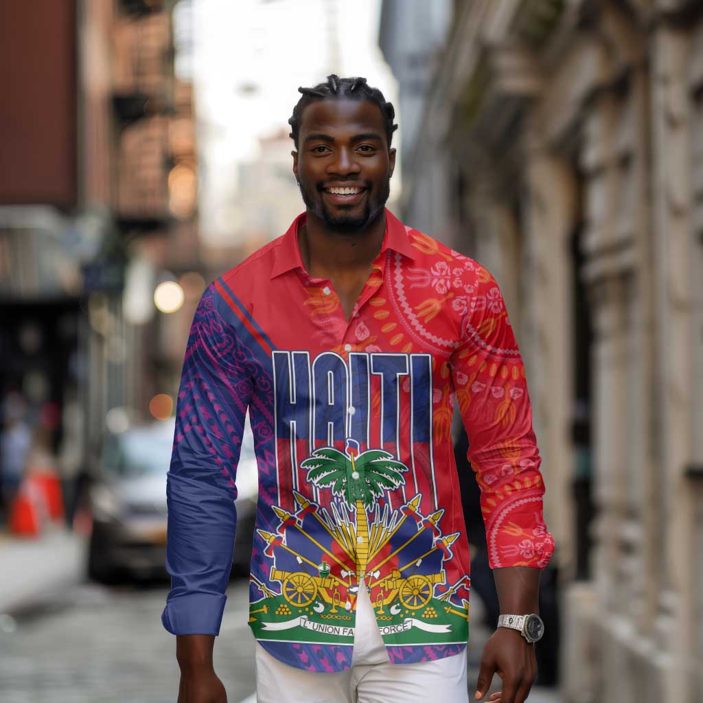 Haiti National Emblem Long Sleeve Button Shirt Dashiki and Polynesian Pattern