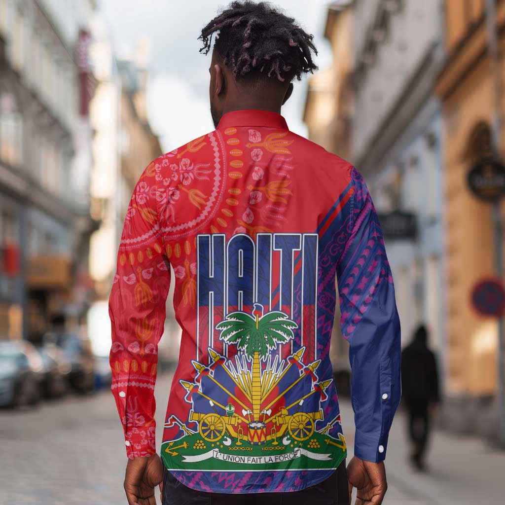 Haiti National Emblem Long Sleeve Button Shirt Dashiki and Polynesian Pattern